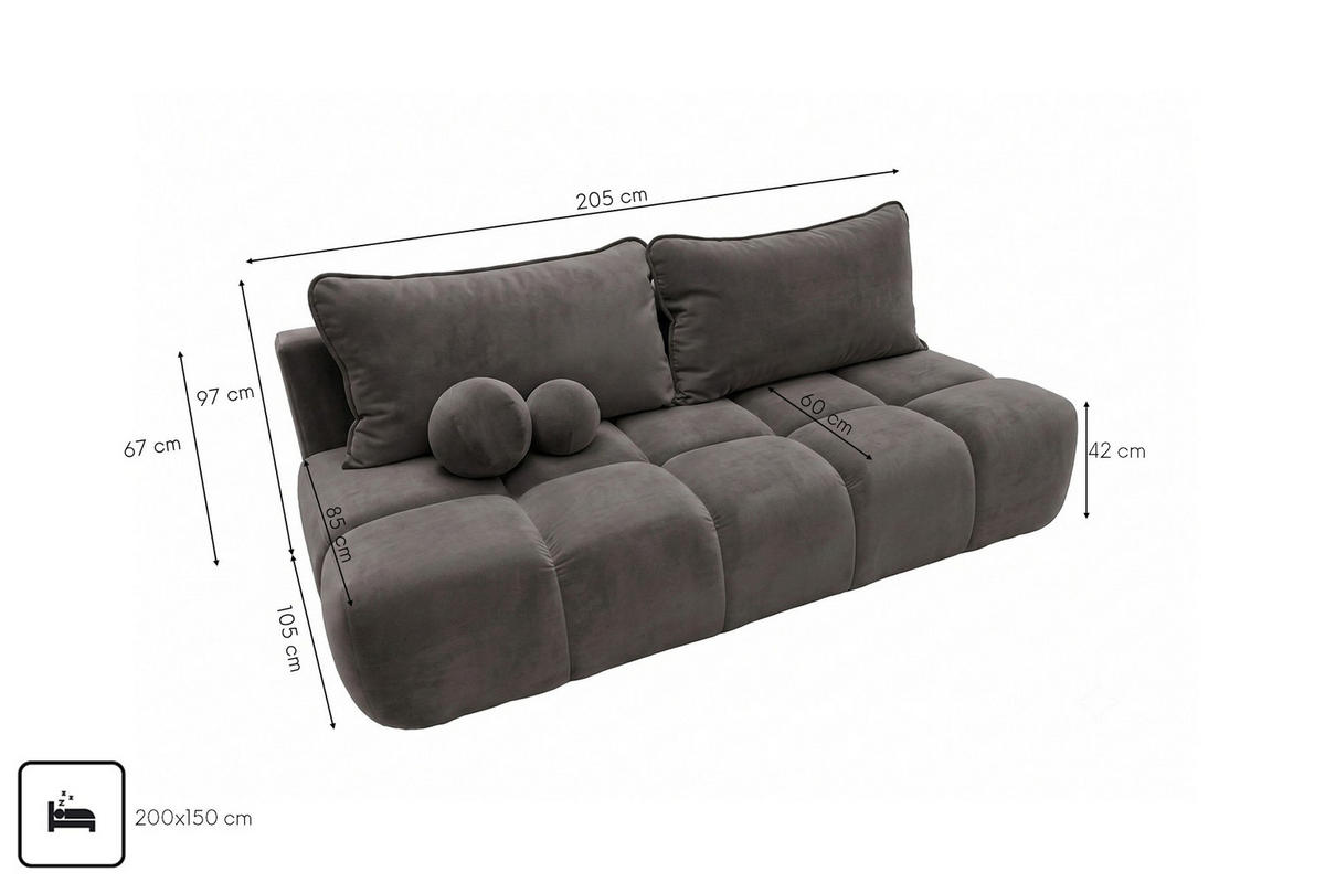 POHOVKA S funkcí spaní A úložným prostorem, sametová látka Bluvel, Popelavě šedá, COCO - světle šedá, dřevo (205/97/105cm) - Kaiser Möbel