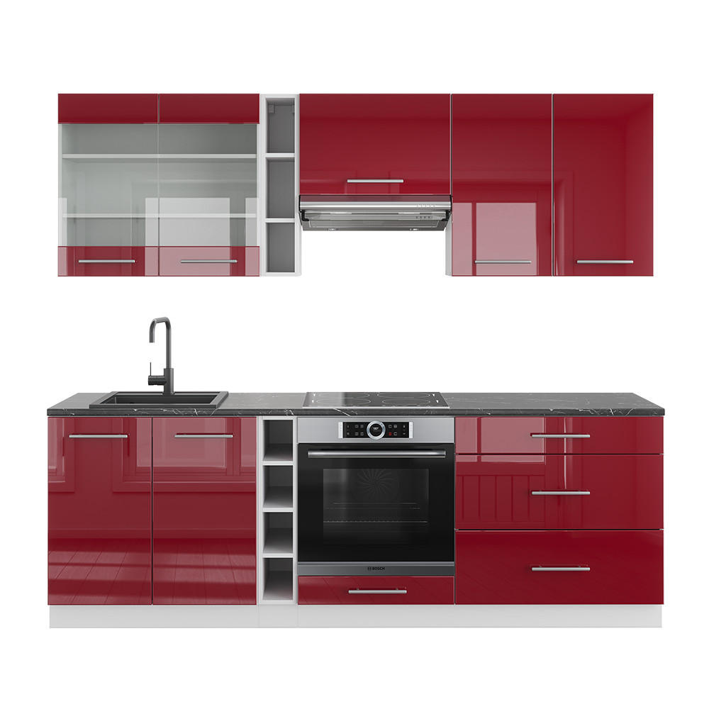 KÜCHENZEILE Fame-Line Bordeaux Hochglanz/Weiß 235 cm, AP Anthrazit - Bordeaux/Weiß, Holzwerkstoff (235/81.6/60cm) - Vicco