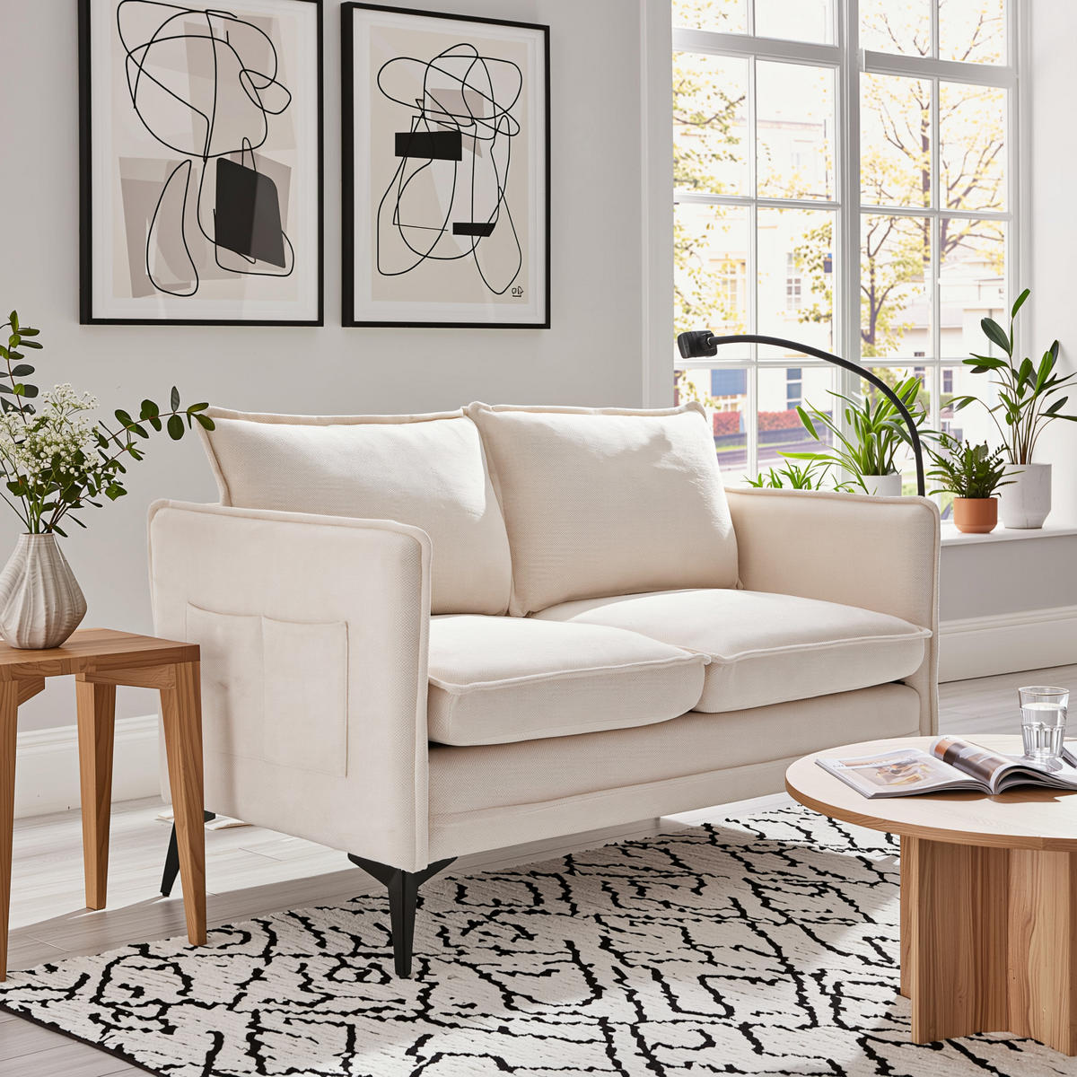 2-SITZER SOFA Chenille Mit Handy-Halter & Seitentaschen - Beige, Textil (127/66/69cm) - Urban Meuble