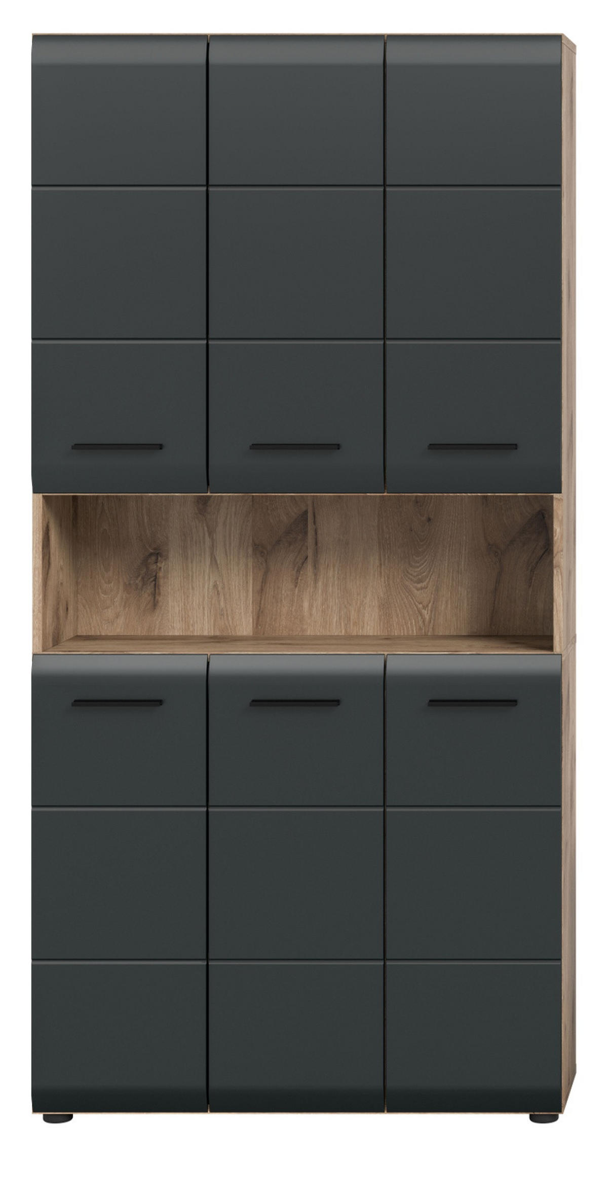 HOCHSCHRANK schwarz matt, Eiche, Badschrank Mehrzweckschrank 6-türig 90 x 185 cm - Eichefarben/Schwarz, Holzwerkstoff/Kunststoff (90/185/30cm) - Inn.Furn