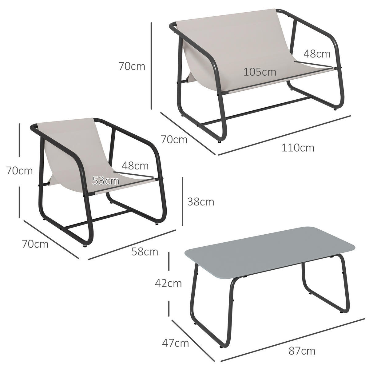 GARTENMÖBEL Set, Stahl, Mesh, Cremeweiß - Creme, Textil/Metall - Outsunny