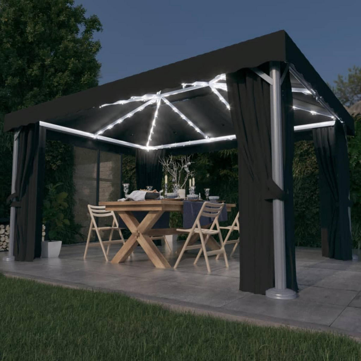 PAVILLON Mit Vorhängen & Led-Lichterkette 4/3 M Anthrazit - Anthrazit, Textil (400/270/300cm) - vidaXL