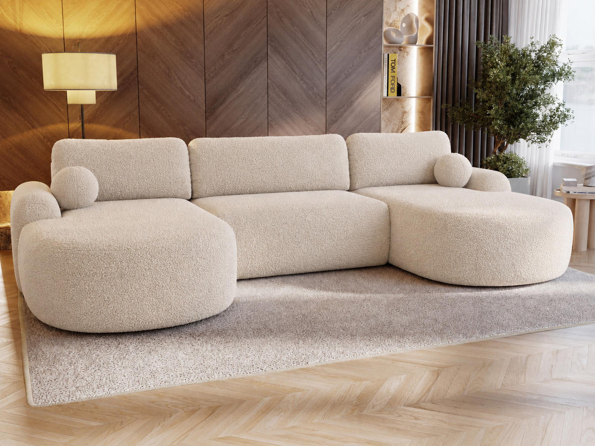 ECKSOFA Aurio U Bouclé-Stoff Creme - Creme/Schwarz, Kunststoff/Textil (347/177cm) - Graingold