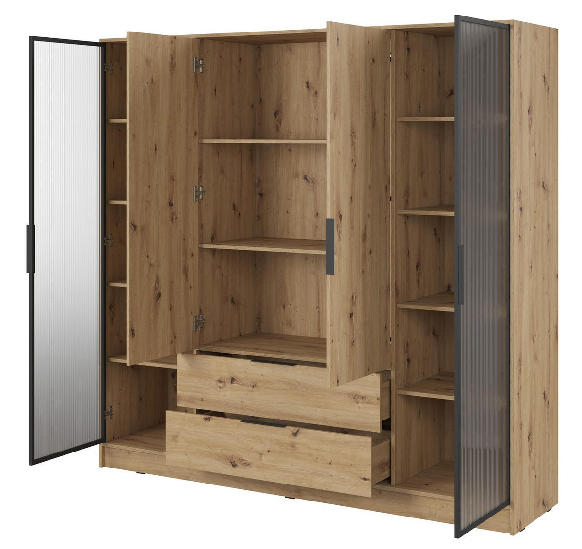 DREHTÜRENSCHRANK mit Glas 206 cm Kalma, 4 Türen, Eiche Artisan - Eiche Artisan, Holz (206/200/51cm) - Emporius