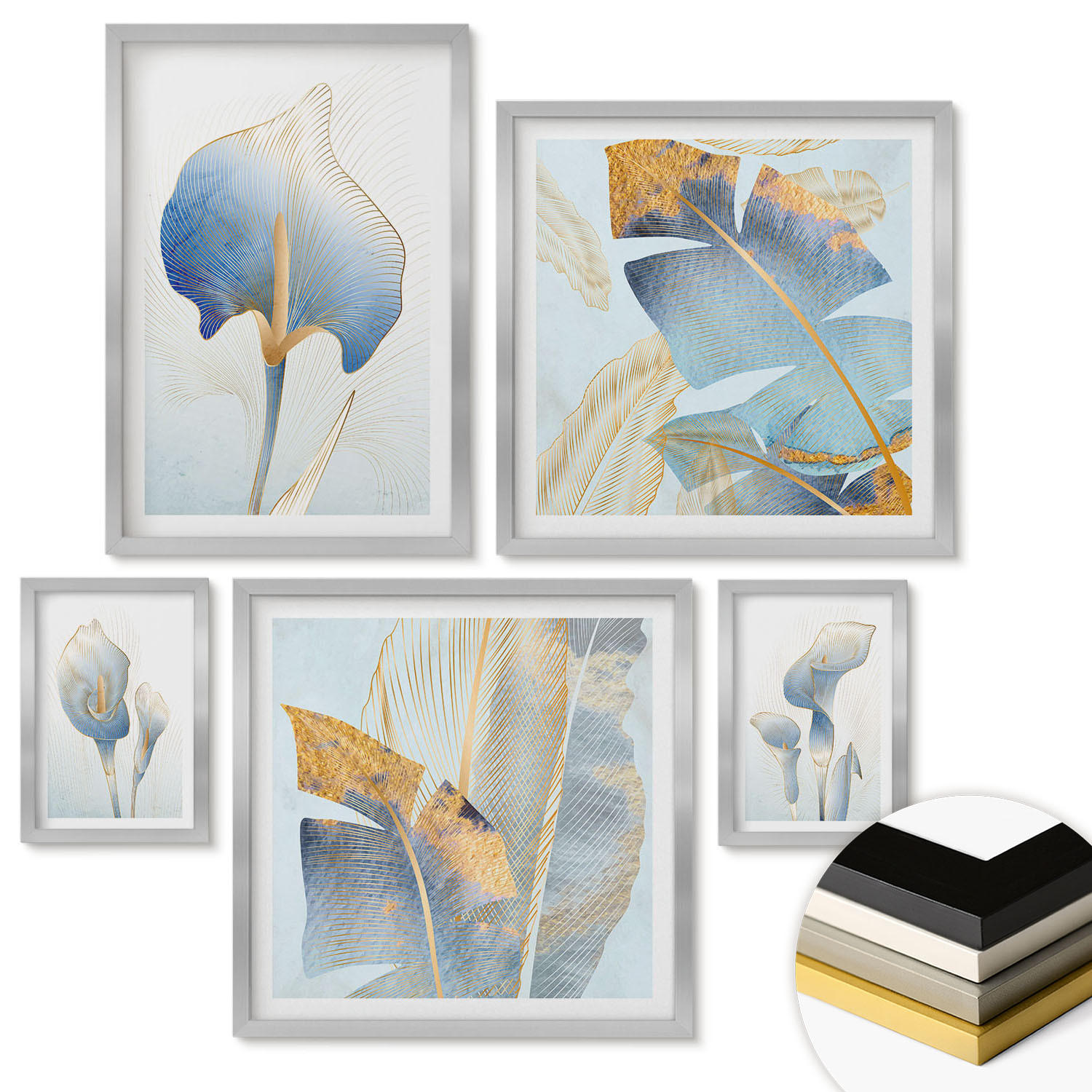 WANDBILDER 5er Set - 50x50 cm & 20x30 cm & 40x60 cm Silberner Rahmen - Blaue Blumen im Hintergrund - Silberfarben, Kunststoff (40/60cm) - ArtPrintCave