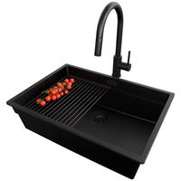 UNTERBAUSPÜLE GRANIT Praga, 2-er set Schwarz 66/47 cm 1 Becken + Küchenarmatur 40/20 cm + Ablauf-Set + Aufrollbare Abtropffläche ab 70er Unterschrank - Schwarz, Kunststoff (66/20/47cm) - Primagran