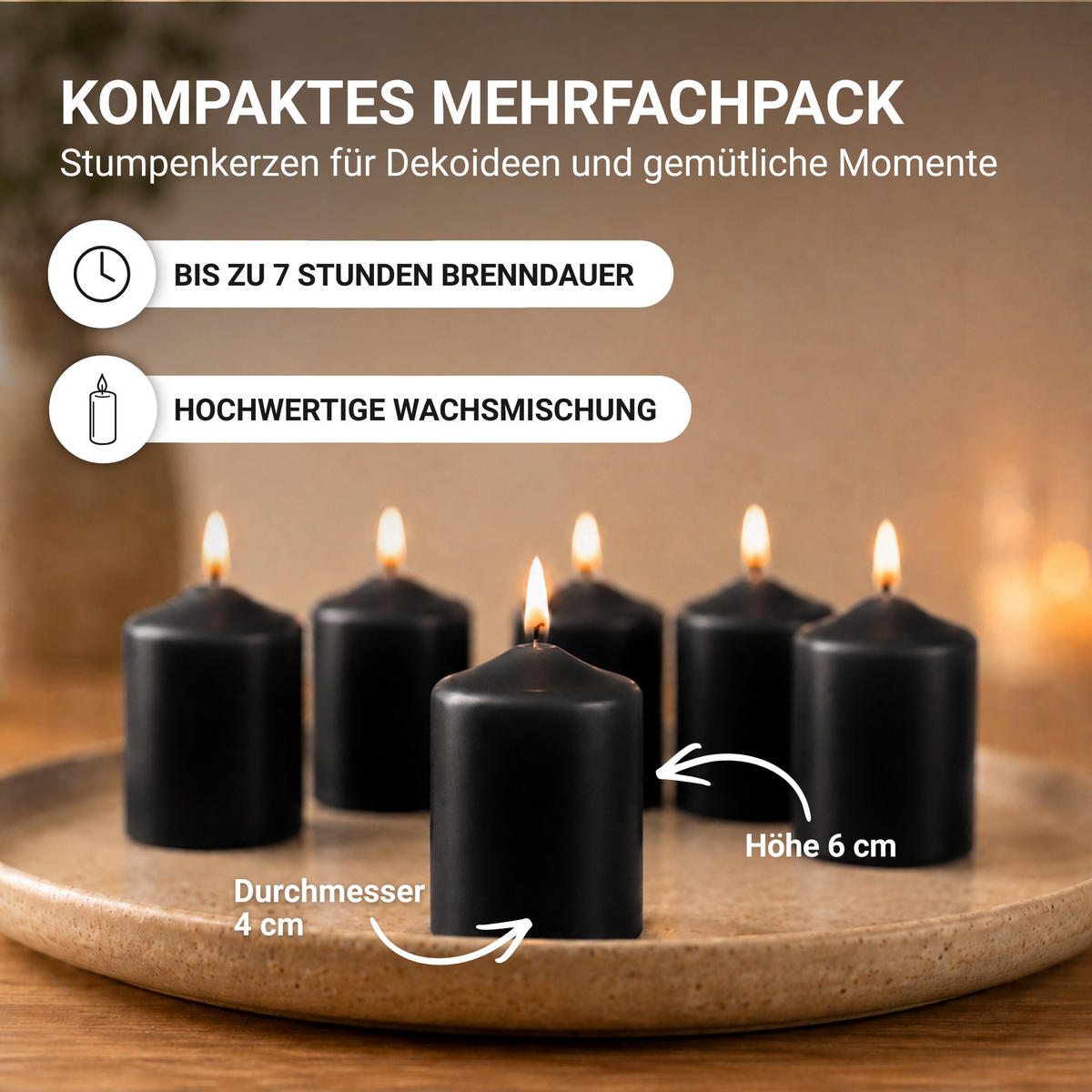 STUMPENKERZEN Ø4xH6 cm Schwarz 6er-Pack - Schwarz, Naturmaterialien (4/6cm)