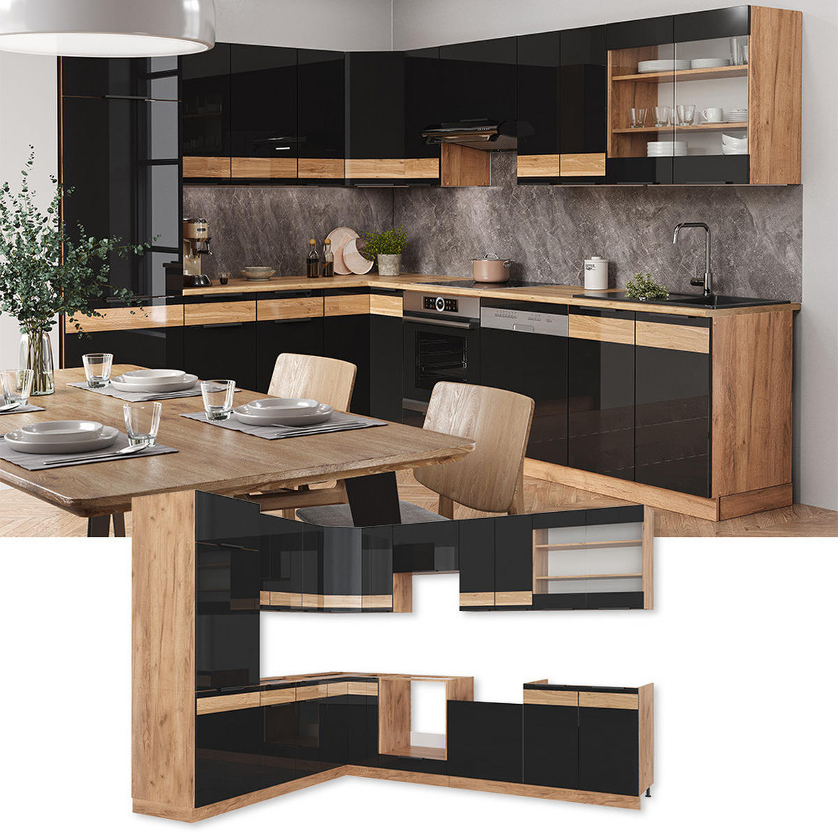 ECKKÜCHE Fame-Line Schwarz-Eiche Hochglanz/Goldkraft Eiche 227 x 60 cm - Schwarz Hochglanz/Eiche Wotan, Holzwerkstoff (287/82/60cm) - Vicco