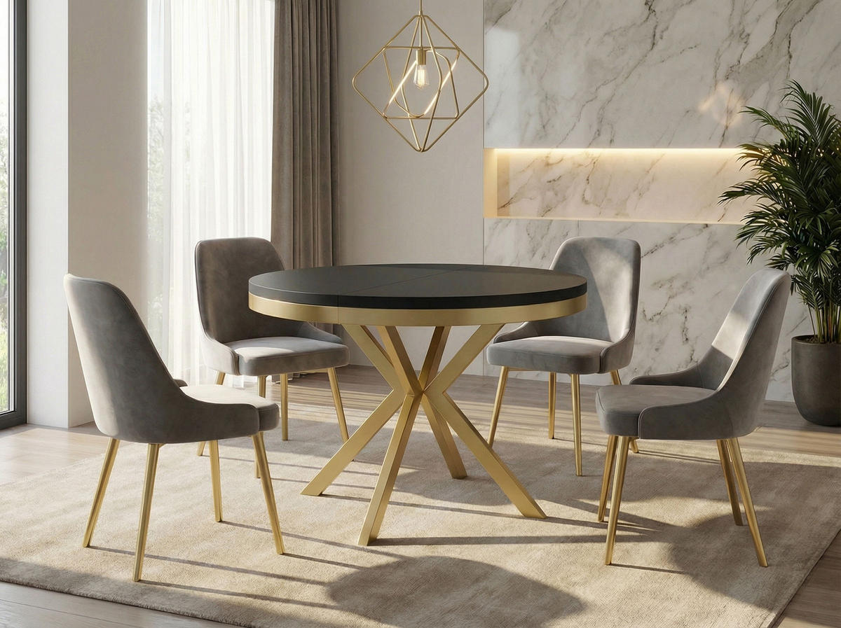 ESSTISCH Dina runder ausziehbarer, Schwarz 90-170/90/76 cm - Goldfarben/Schwarz, Holzwerkstoff/Metall (90/90/76cm) - WFL GROUP