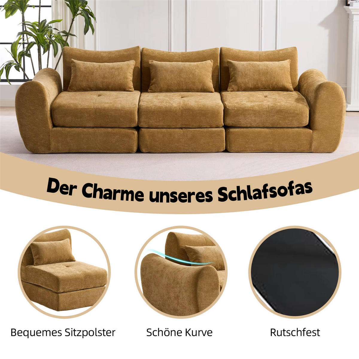 SCHLAFSOFA 3-Sitzer aus Chenille, Weiches Klappsofa ohne Montage, Gelb - Gelb, Textil (262/78/97cm) - Kaket