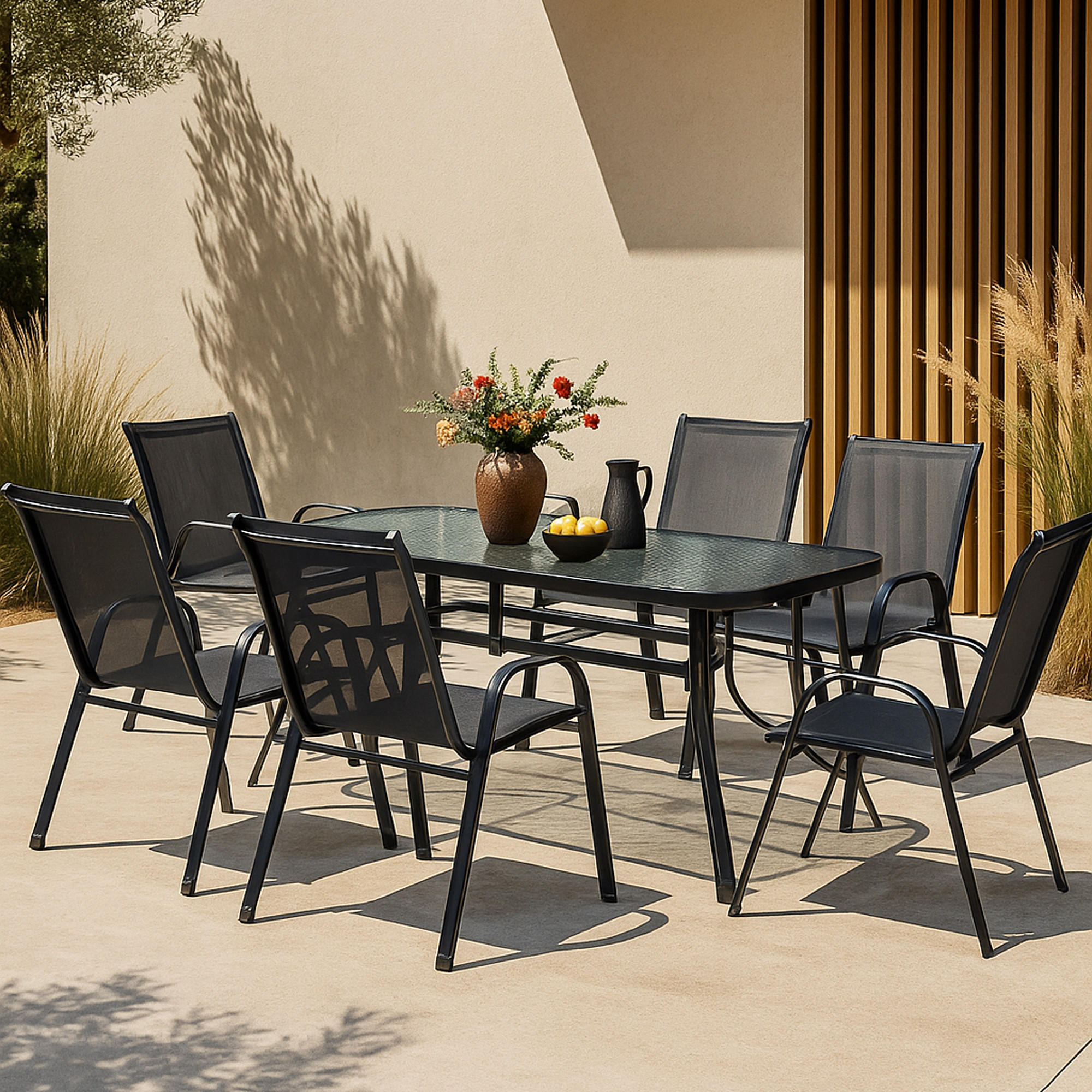 GARTENMÖBEL-SET 7 TLG. Aradeo - Schwarz, Textil/Metall - casa.pro