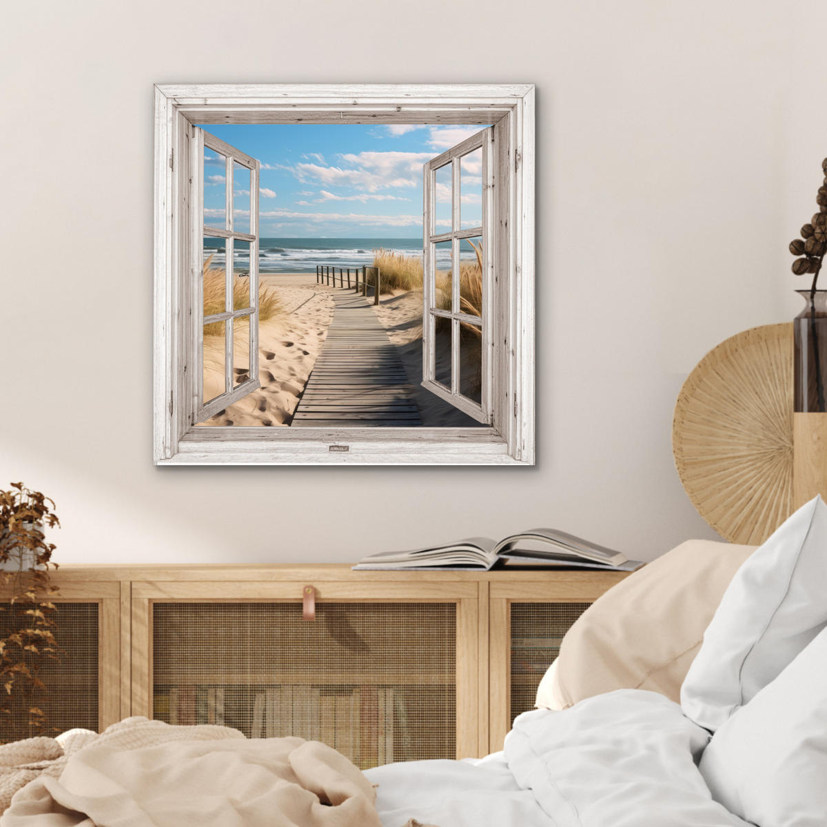 KOVOVÝ OBRAZ Okno - more - pobrežie - príroda - výhľad - pláž - Waddenské more 50x50 cm - béžová, kov (50/50cm) - MuchoWow