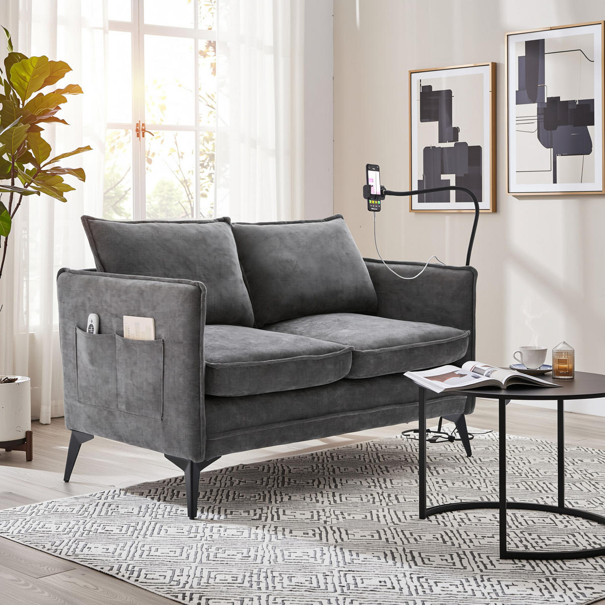2-SITZER SOFA Chenille Mit Handy-Halter & Seitentaschen - Grau, Textil (127/66/69cm) - Urban Meuble