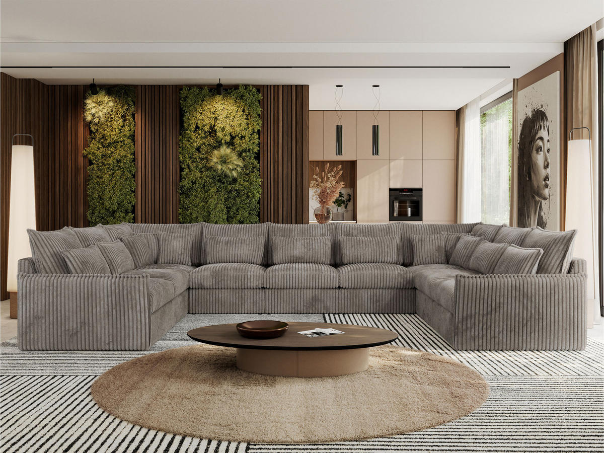 WOHNLANDSCHAFT VERSO U 9M Hellbraun Cord - Hellbraun/Schwarz, Kunststoff/Textil (442/93/270cm) - MKS