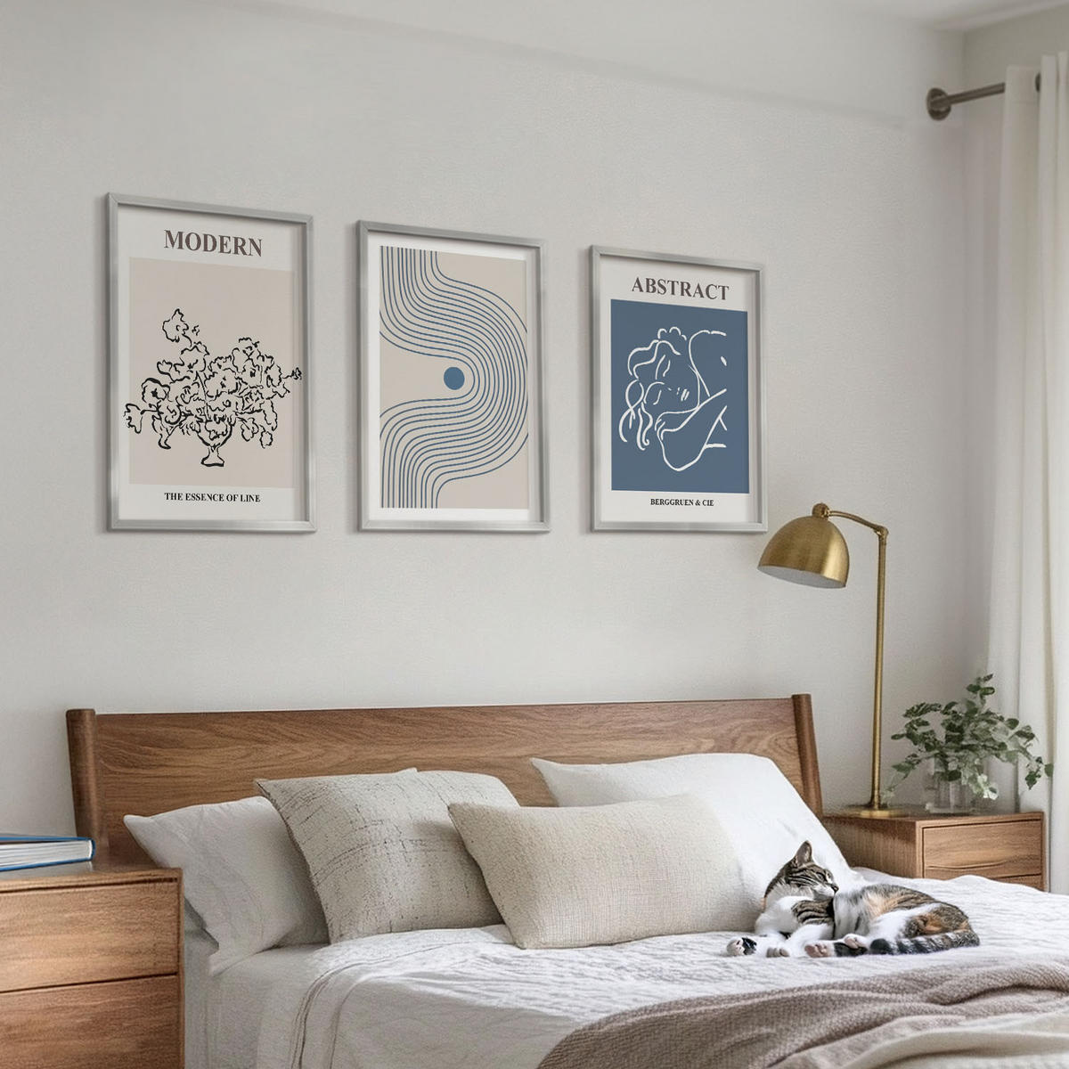 WANDBILDER 3er Set - 40x60 cm Silberner Rahmen - abstrakte Poster mit Blumenlinien - Silberfarben, Kunststoff (40/60cm) - ArtPrintCave