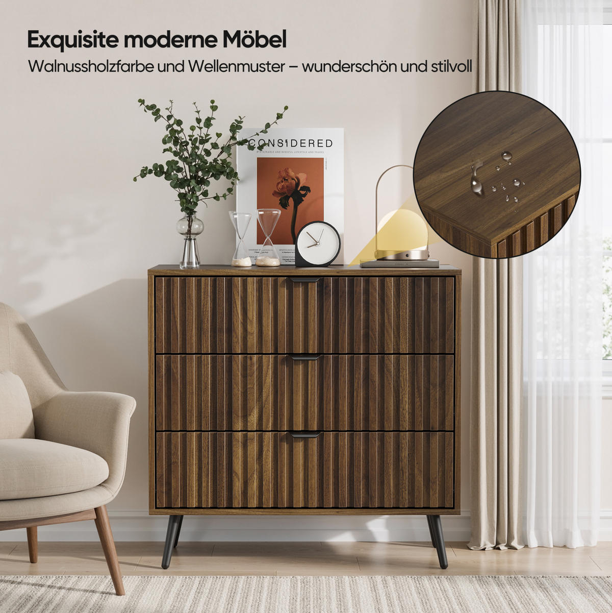 KOMMODE aus MDF 80x39x78 cm Walnuss mit 3 Schubladen und Metallbeinen - Walnussfarben, Holzwerkstoff (80/78/38cm) - Modfu