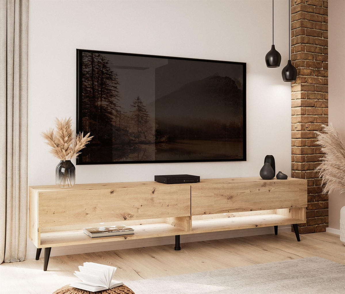 LOWBOARD TV-Schrank CALANTE 180 LOFT cm auf schrägen schwarzen Beinen - Schwarz/Eiche Artisan, Holzwerkstoff/Metall (180/43/35cm) - Lookway