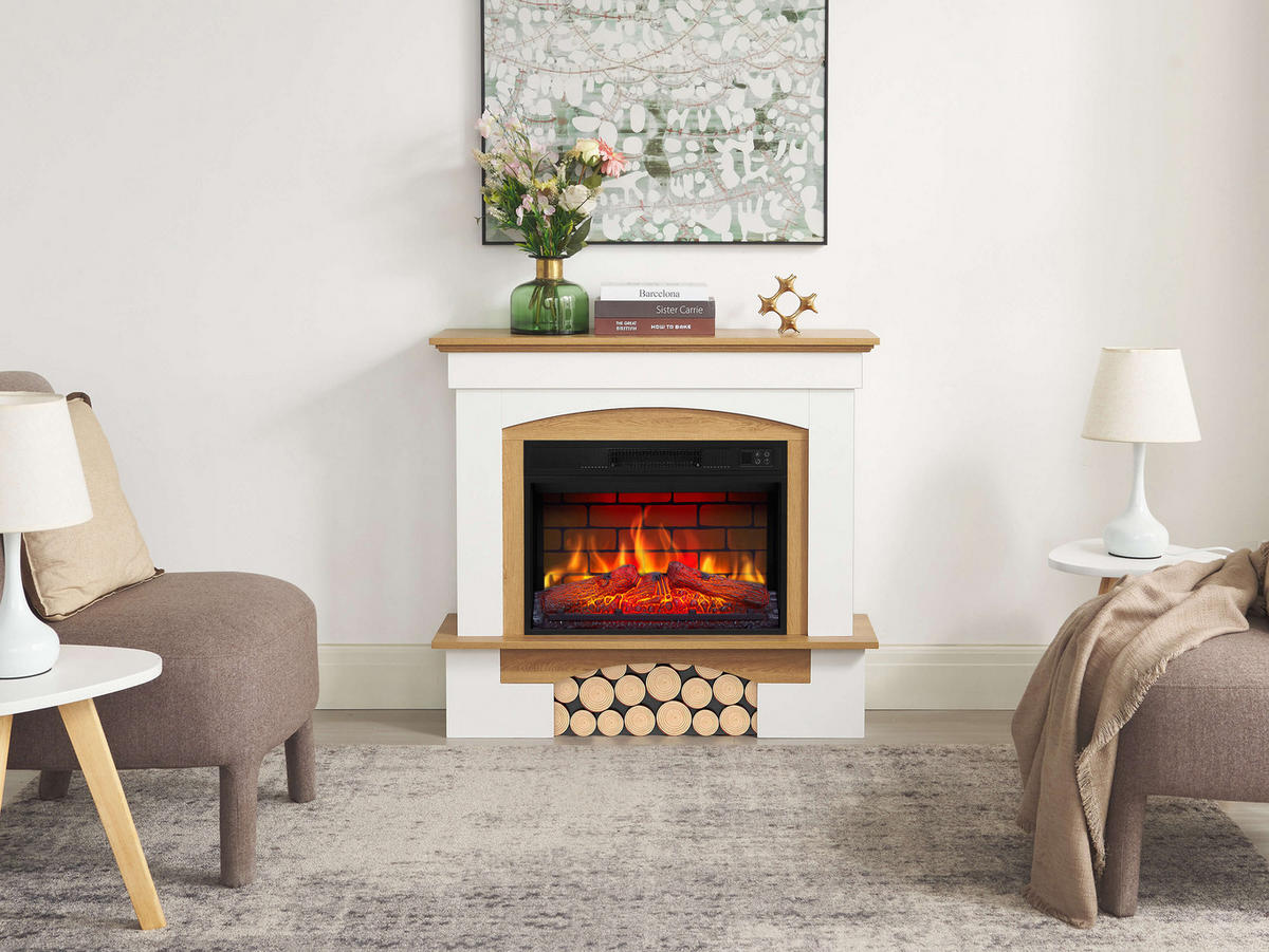 ELEKTROKAMIN Woodley AF23BS Weiß Eiche Natur – Breite 96 cm, 3D-Flammeneffekt, LED-Beleuchtung, Heizfunktion - Weiß, Glas/Holzwerkstoff (98.5/90/30cm) - ArtiFlame