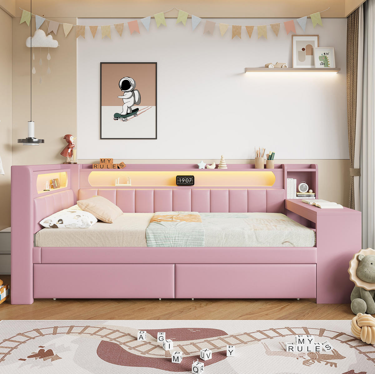 ČALÚNENÁ posteľ z MDF a preglejky 90x200 cm ružová s LED osvetlením, USB portom, písacím stolom a úložnými zásuvkami - ružová, textil (90/200cm) - Modfu