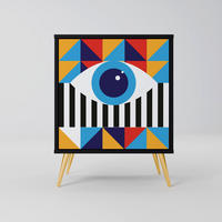 SIDEBOARD ABSTRACTION AND GEOMETRY, Schwarz, 57,5x42x75,5 cm, Goldfarbene Metallfüße - Goldfarben/Multicolor, Holzwerkstoff/Metall (57.5/75.5/42cm) - SpaceRebels