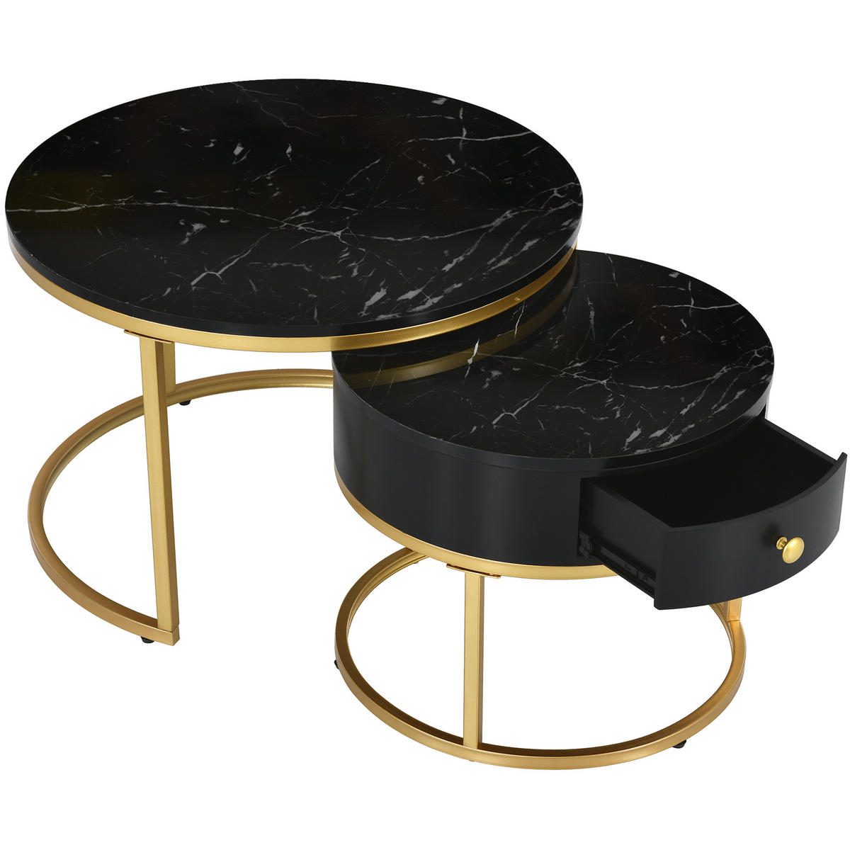 COUCHTISCH SET 2 Hochglanz Marmor Rund Nesting Tische - Schwarz, Holzwerkstoff (70/70/48cm)