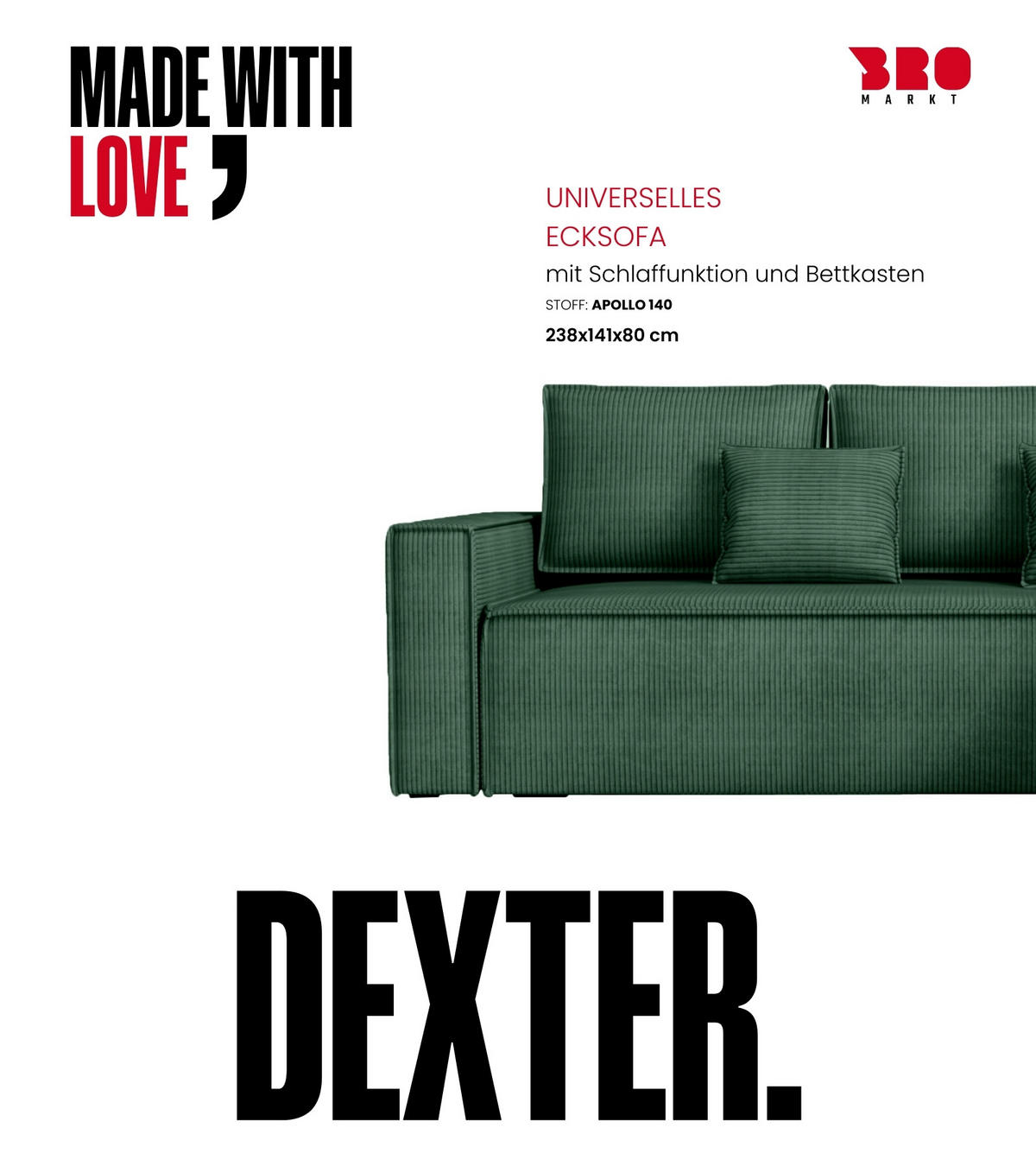 ECKSOFA Dexter mit Schlaffunktion Grün Cord - Grün, Textil (238/141cm) - Bromarkt