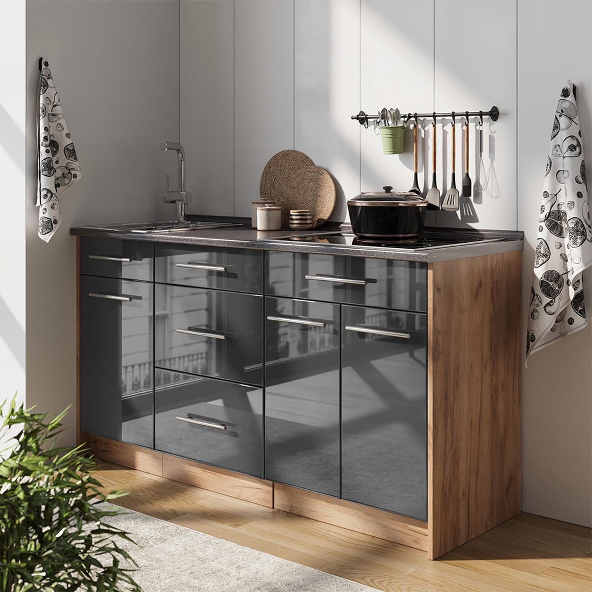 KUCHYNSKÝ BLOK Fame-Line, Antracit vysoký lesk, 150 cm, AP Marble - čierna s vysokým leskom, kompozitné drevo (150/82/60cm) - Vicco