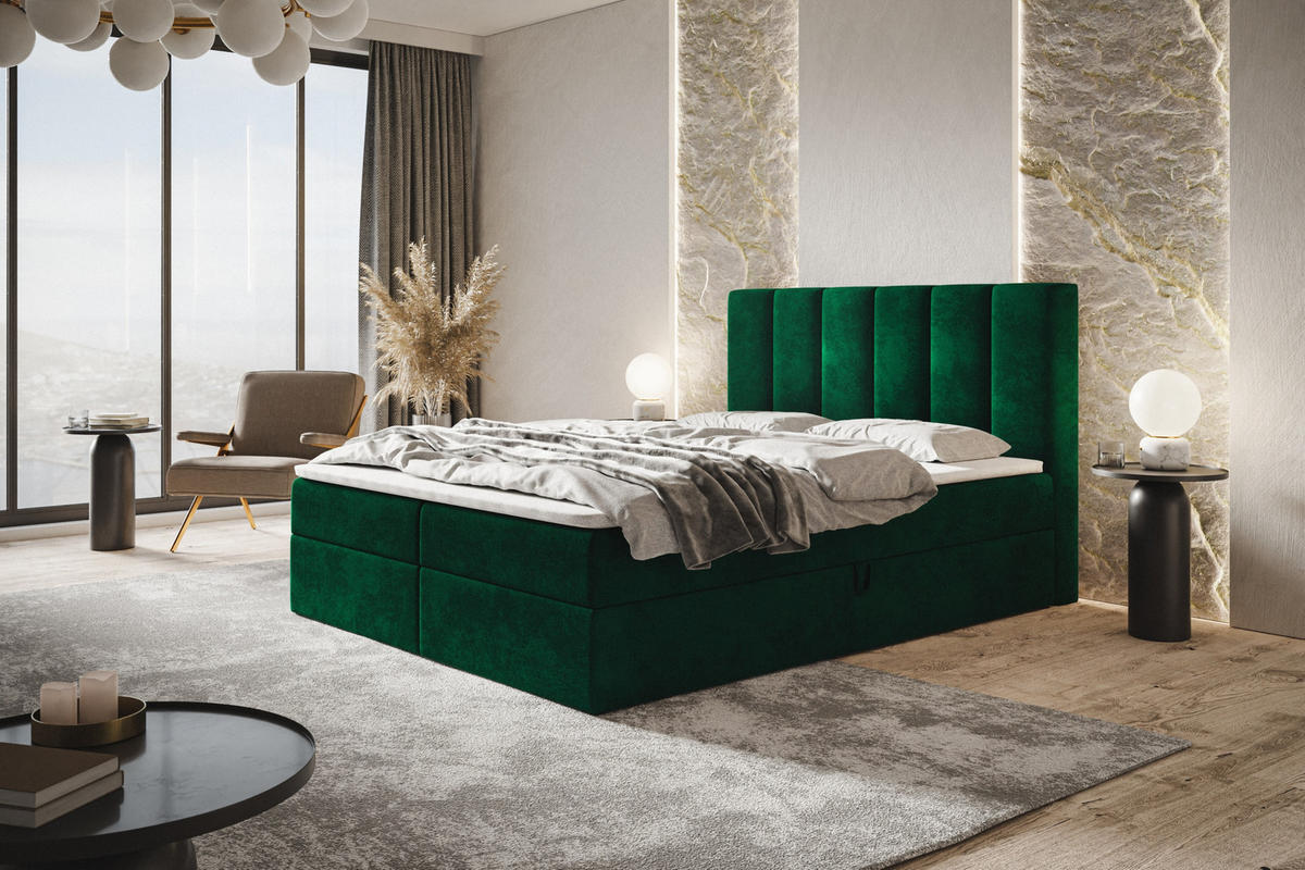 BOXBETT TOKIO mit 2 Bettkästen, 180x200, Farbe: Dunkelgrün, Velourstoff, Doppelbett mit Bonell-Matratze - Dunkelgrün, Holz/Kunststoff (180/200cm) - Alpi-Möbel