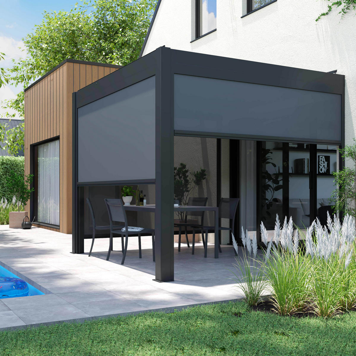 PERGOLA 3x3 m, mit 1 Markise, Grau - Grau, Metall (281/250/296cm) - Oviala