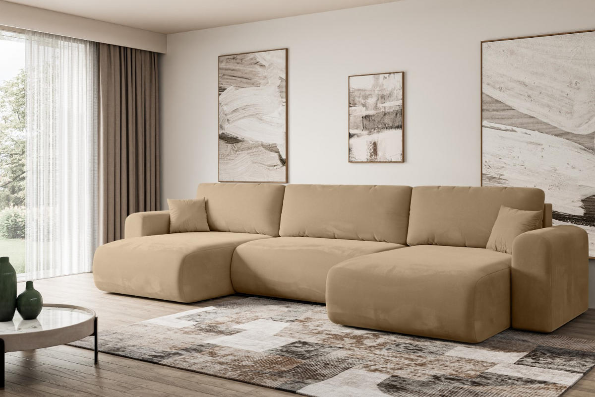 WOHNLANDSCHAFT mit Schlaffunktion und Bettkasten ORRO-U - 362x145x83 cm Beige Velours - Beige/Schwarz, Holzwerkstoff/Kunststoff (362/83/145cm) - ALTDECOR