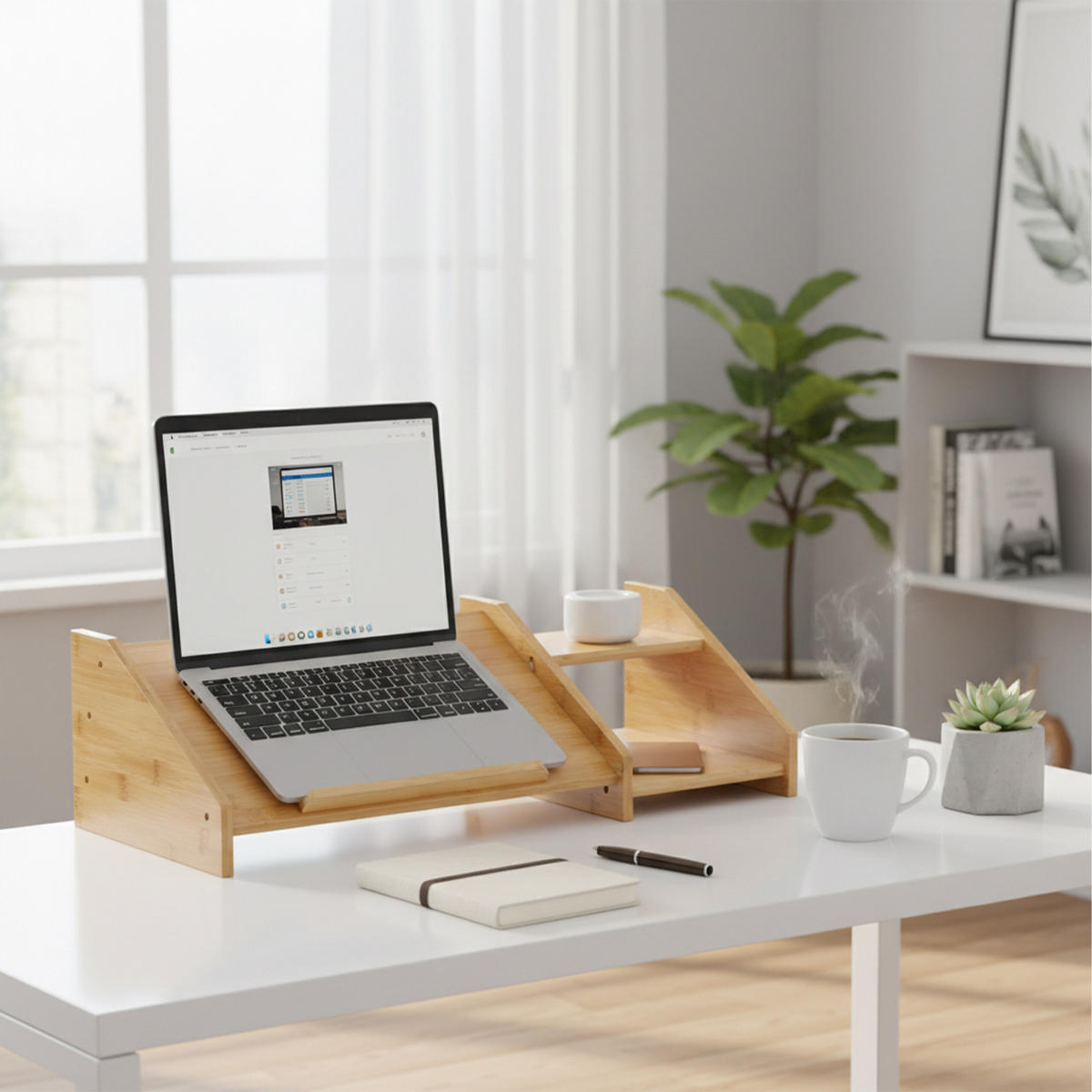 LAPTOPSTÄNDER Natur Bambus rutschfest mit 2 Ablagen - Hellbraun, Holz/Textil (26.5/61/17.5cm) - Relaxdays
