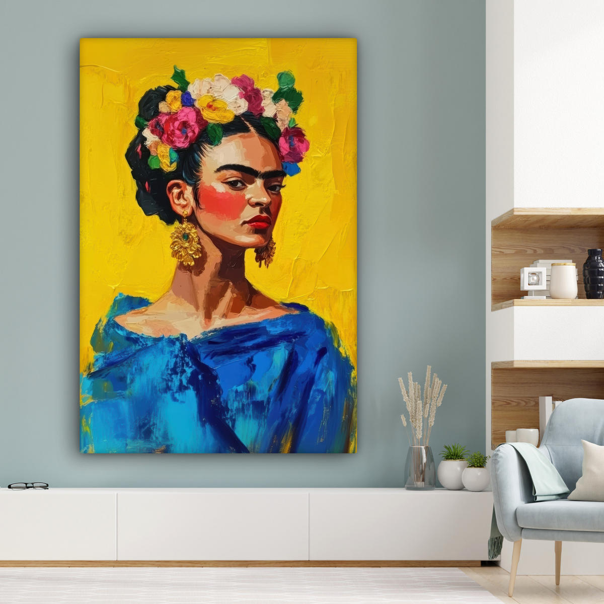 LEINWANDBILD Frida Kahlo - Frau - Gelb - Blau - Blumen Deko Groß 90x140 cm - Gelb, Textil (90/140cm) - MuchoWow