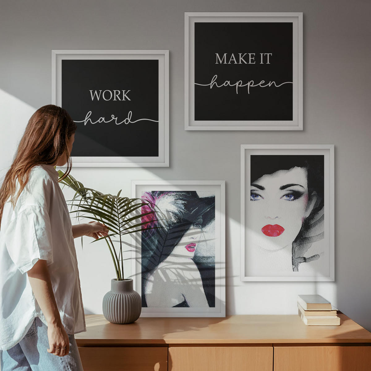 BILDER SET 4er Set - 50x50 cm & 40x60 cm Weißer Rahmen - Porträts von Frauen mit Lippen - Weiß, Kunststoff (50/50cm) - TULUP