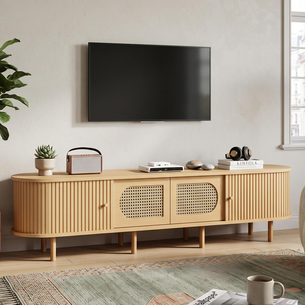 TV-LOWBOARD Oval Holzoptik Hell mit Rattan & Rolltüren 180cm für 75 Zoll - Naturfarben, Holzwerkstoff (180/40/40cm) - Urban Meuble