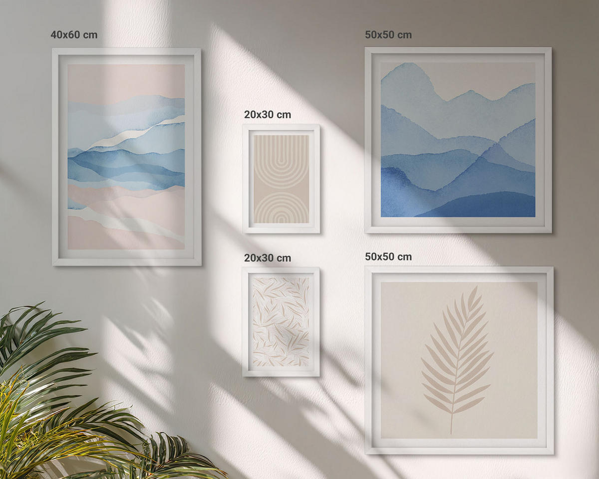 WANDBILDER 5er-Set - 50x50 cm & 20x30 cm & 40x60 cm Weißer Rahmen - Blätterwellen beige blau - Weiß, Kunststoff (40/60cm) - ArtPrintCave