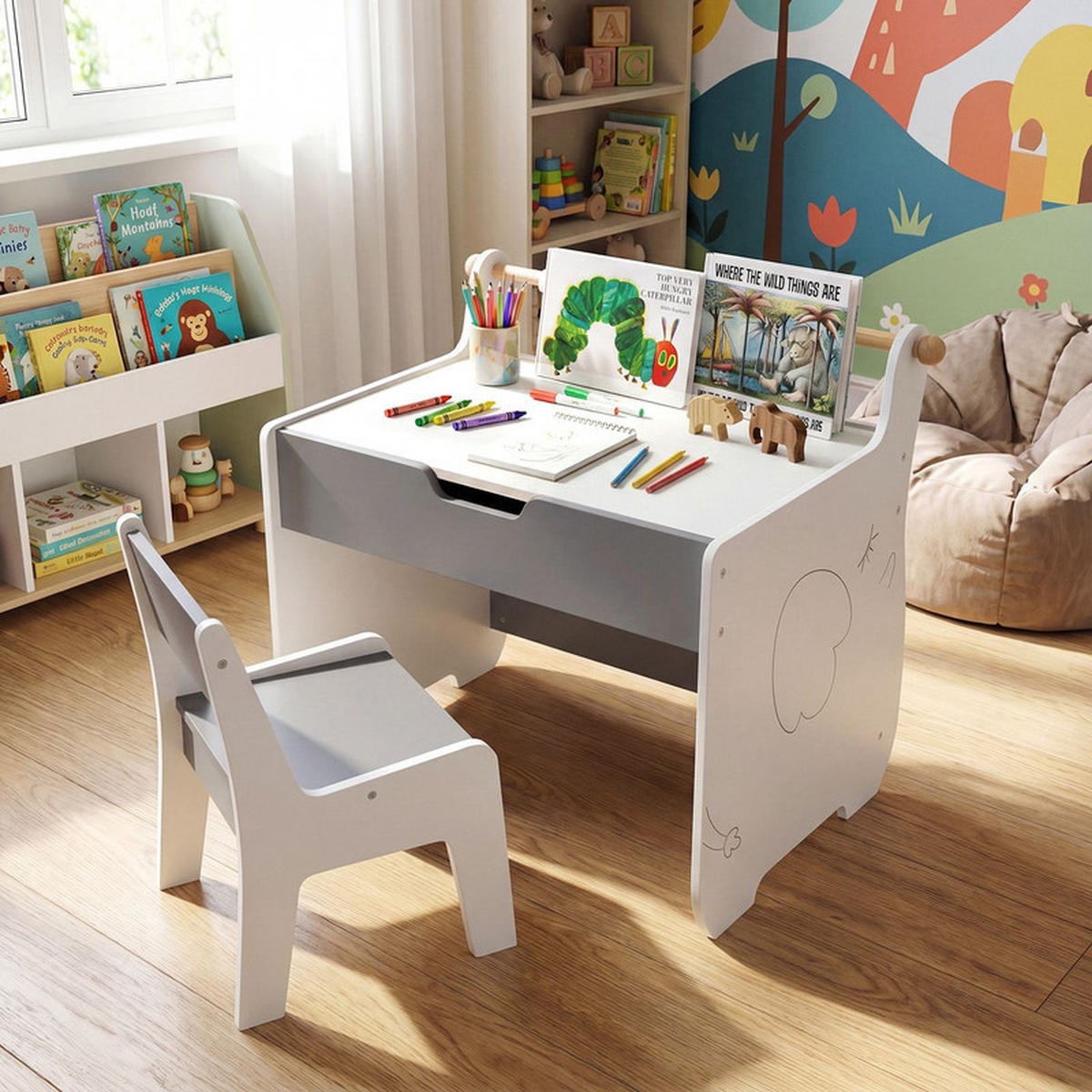 KINDERTISCH mit Stuhl grau(2-tlg) - Grau, Holzwerkstoff (61.5/59/47cm) - COSTWAY
