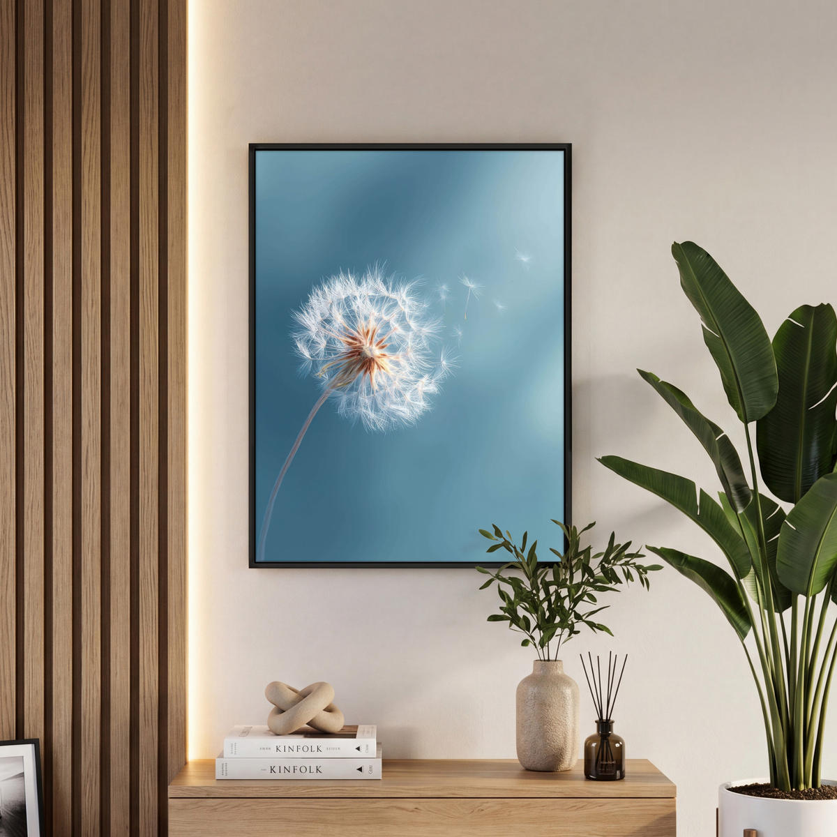 LEINWAND Bilder mit Rahmen - Löwenzahn - Wind - Blau - 50x70 - Blaugrau, Textil (50/70cm) - MuchoWow