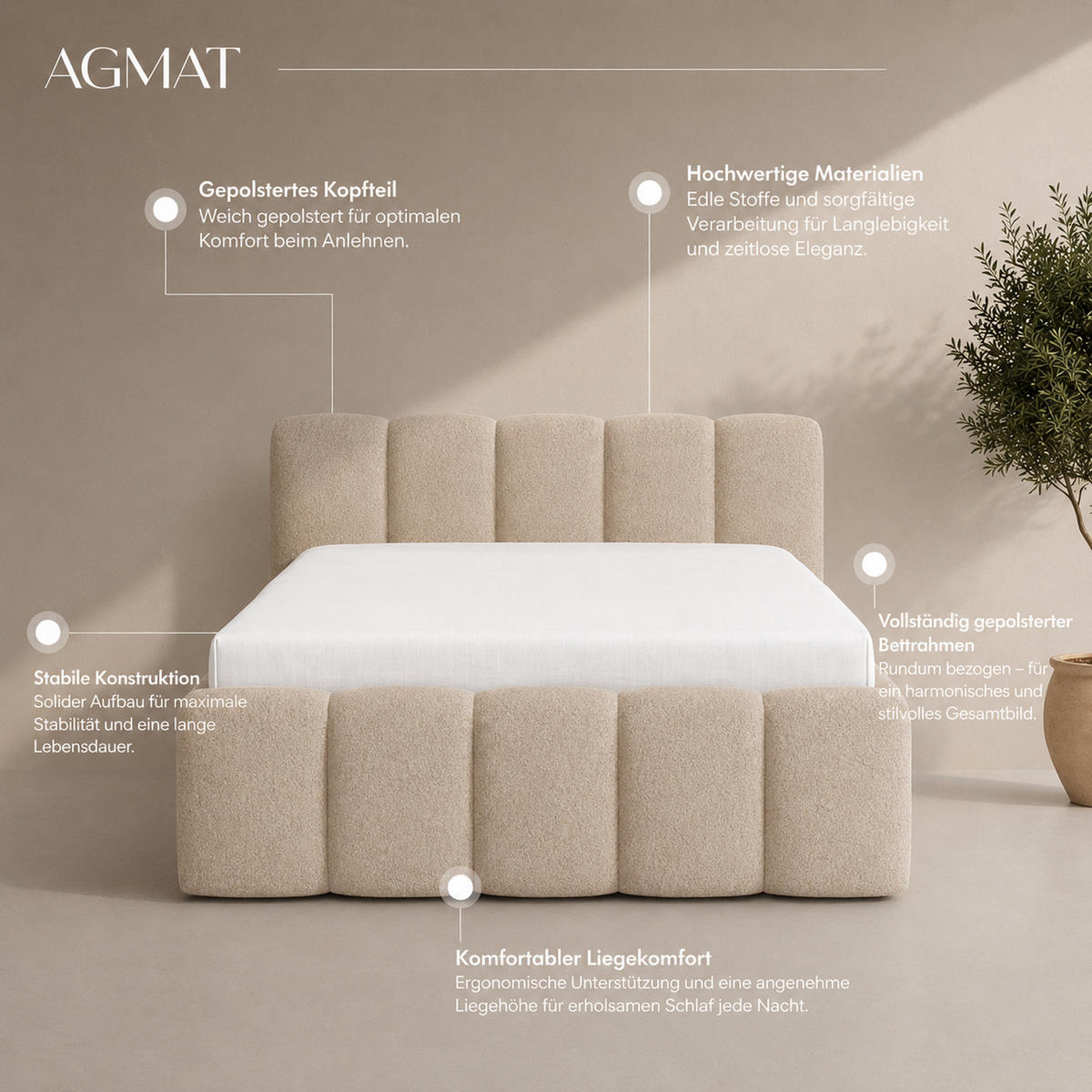POLSTERBETT QUATTRO, 180x200 cm, Doppelbett mit Bettkasten, Boucle Stoff, Frabe: Hellgrau - Hellgrau, Holz/Textil (180/200cm)