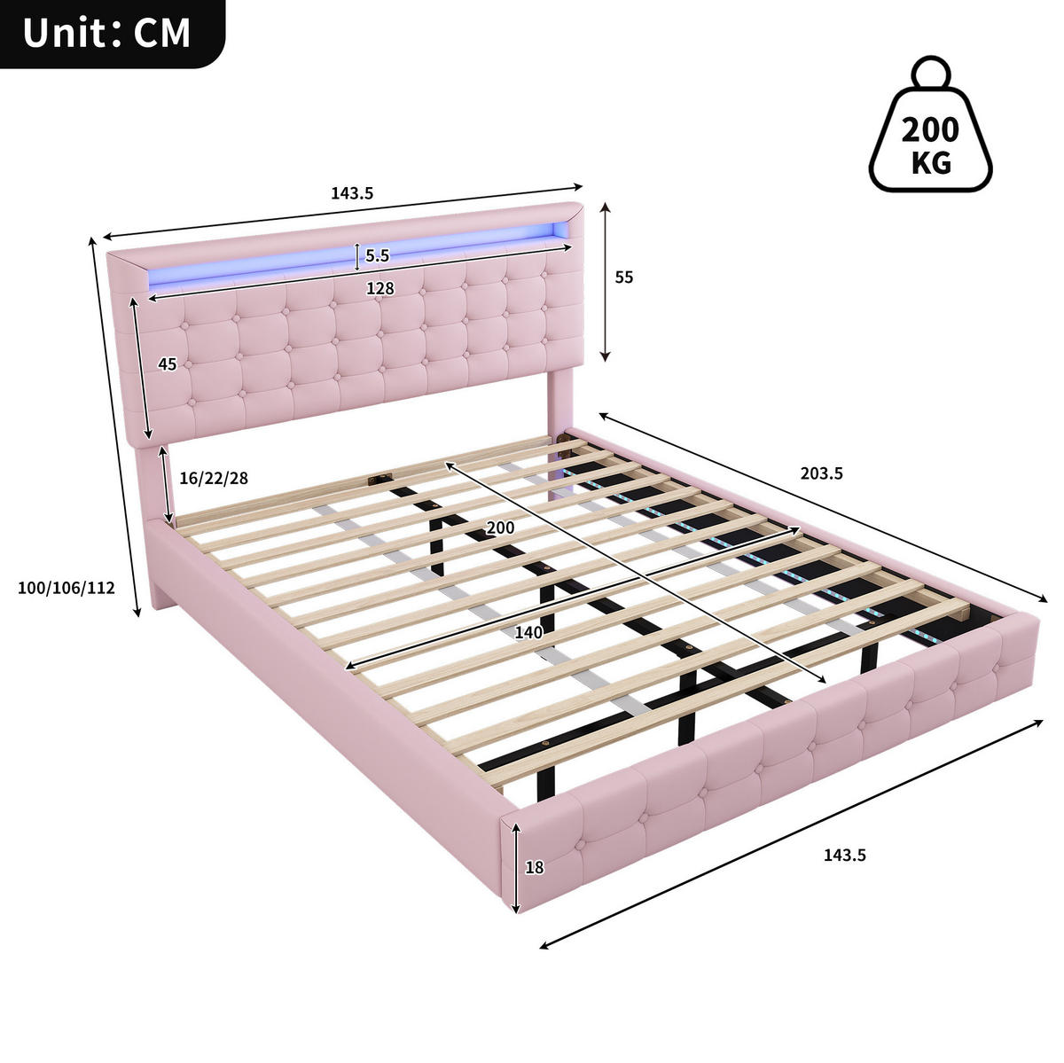 POLSTERBETT 140/200 cm Rosa aus PU mit LED-Beleuchtung - Rosa, Leder (140/200cm) - OKMYHOME