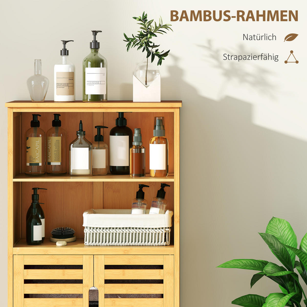 BADEZIMMERSCHRANK, Unterschrank aus Bambus, Badschrank mit Türen, Naturholz - Naturfarben, Holz (29/92/50cm) - Kleankin