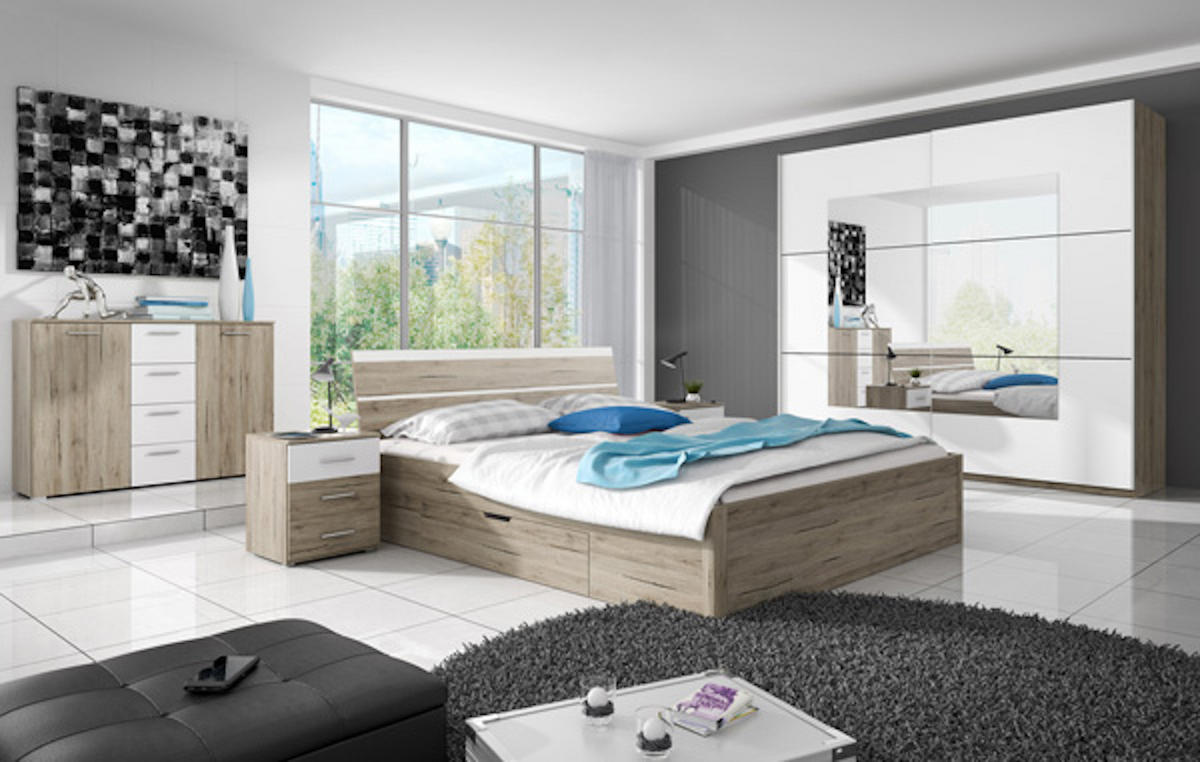 BETT Bilbao Eiche Sanremo weiß 3-teilig - Weiß/Braun, Holz/Holzwerkstoff (160/200cm) - Feldmann-Wohnen