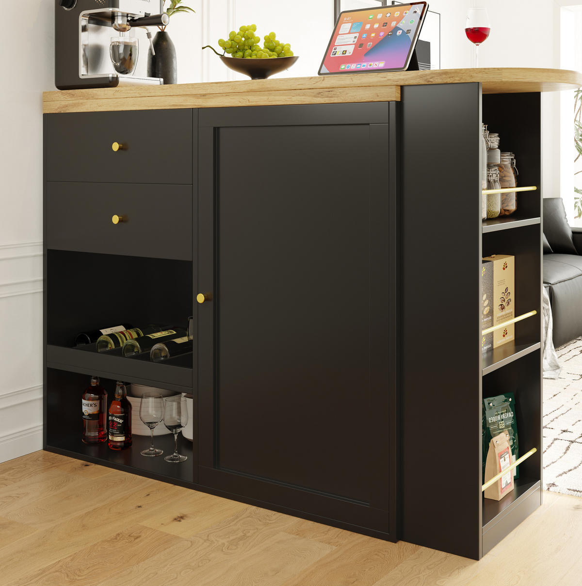 DREHBARER Bartisch/Schrank aus MDF, 105/39/102 cm + drehbares Regal, Schwarz, mit 4 Schubladen - Schwarz, Holzwerkstoff (39/102/105cm) - Redom