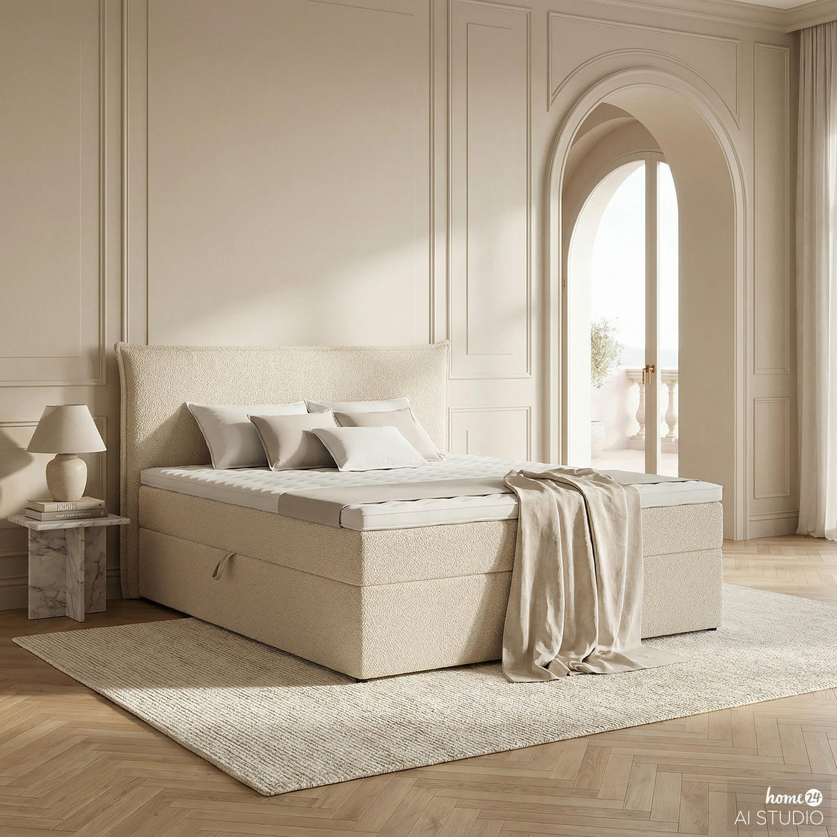 BOXBETT mit Stauraum - Bouclé - Creme, Holzwerkstoff/Textil (200/200cm) - home24