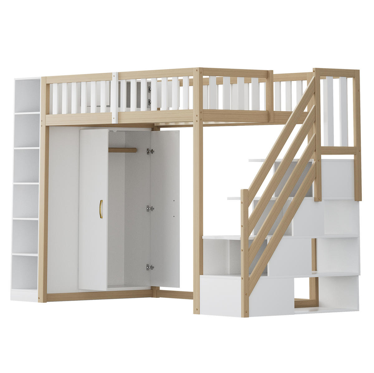 HOCHBETT 90/200 cm mit Kleiderschrank, Regalen und Sicherheitsleiter mit Stauraum, Weiß/Natur - Weiß, Holzwerkstoff (90/200cm) - Redom