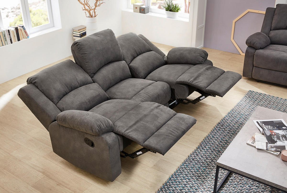 3-SITZER-RELAXSOFA Federkern, Liegefunktion verstellbar durch halbautomatische Relaxfunktion B204/T87/H97 cm, Mikrofaser Vintage Anthrazit/ 15131 - Anthrazit/Schwarz, Textil (204/97/87cm) - luma-home