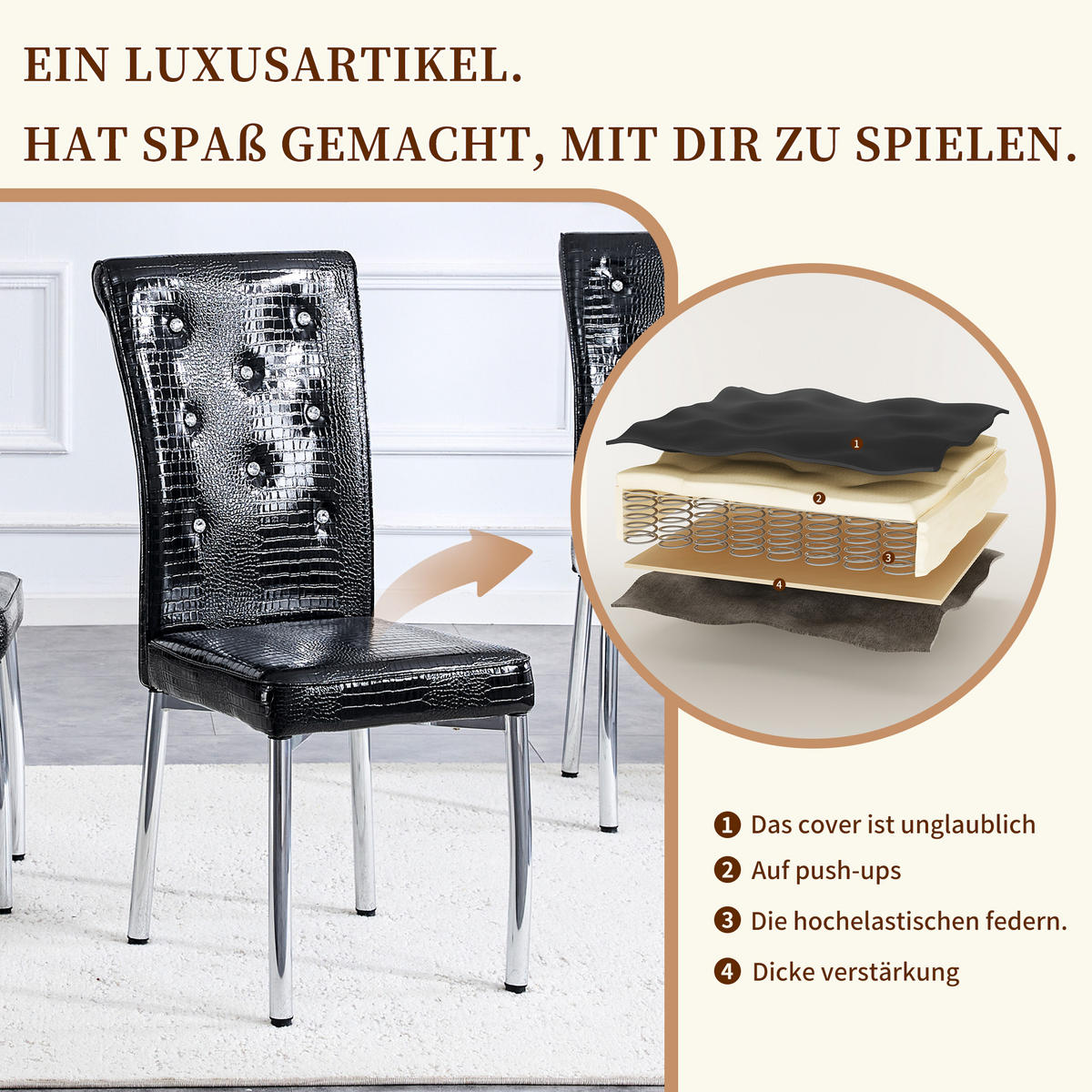 STUHL-SET DE-36775 4 Stück mit Krokodil-Prägung und Kristallknopf-Details Schwarz - Schwarz, Metall (42/101/61.5cm) - ComfortXL