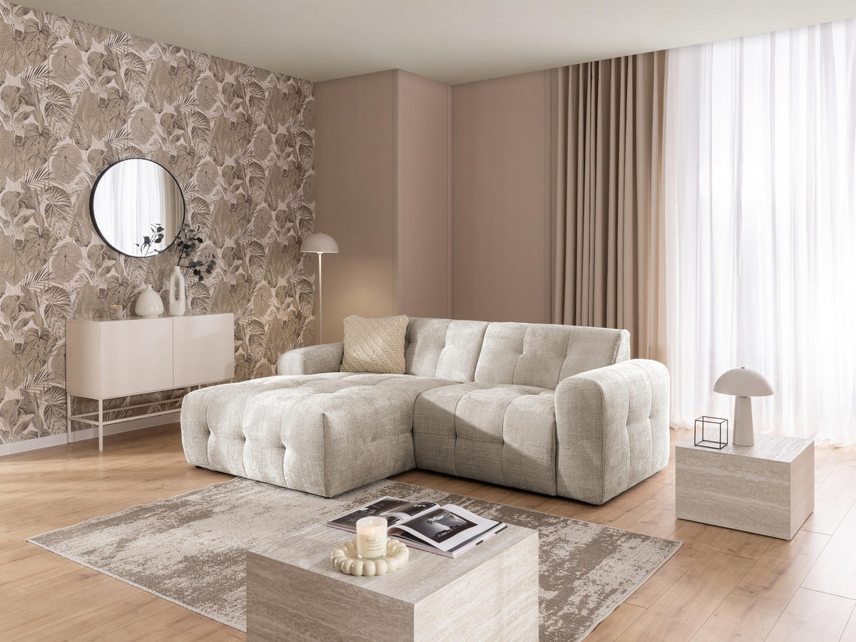 ECKSOFA Kozy im Bumpy-Design mit fester Rückenlehne aus weichem Dunkelbeige Chenille-Stoff - Ottomane links - Beige/Schwarz, Holz/Kunststoff (161/234cm) - S-Style Möbel