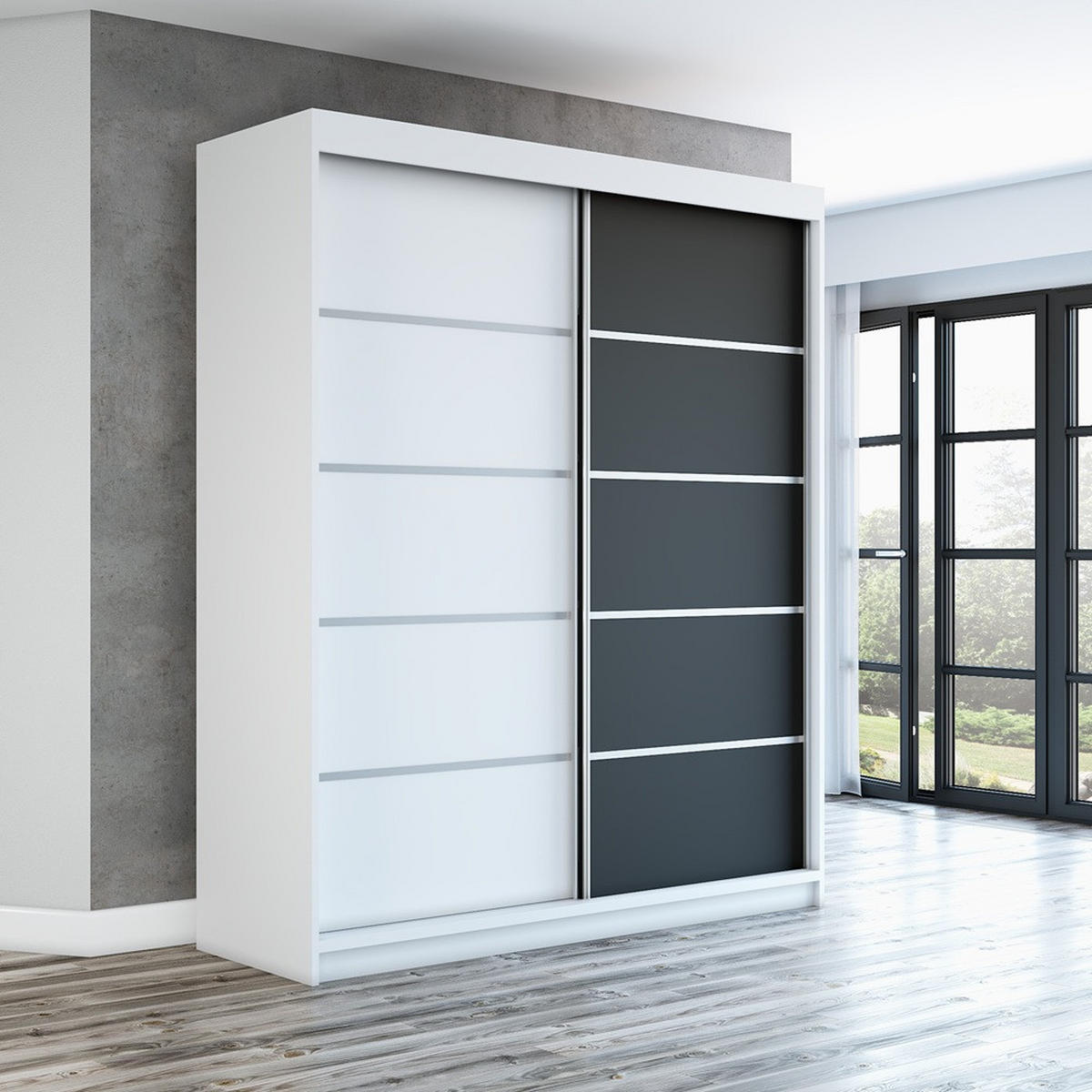 SCHWEBETÜRENSCHRANK 180 CM TREND Farbe: Weiß , weiß , shwarz - Schwarz/Weiß, Holzwerkstoff (180/215/59.5cm) - A&J MöbelLand