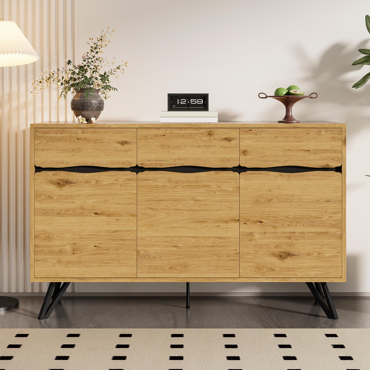 SIDEBOARD aus Spanplatte in Holzoptik mit 3 Türen und Metallbeinen, 140/40/75,5 cm,Naturfarben - Naturfarben, Holzwerkstoff (40/75.5/140cm) - Redom