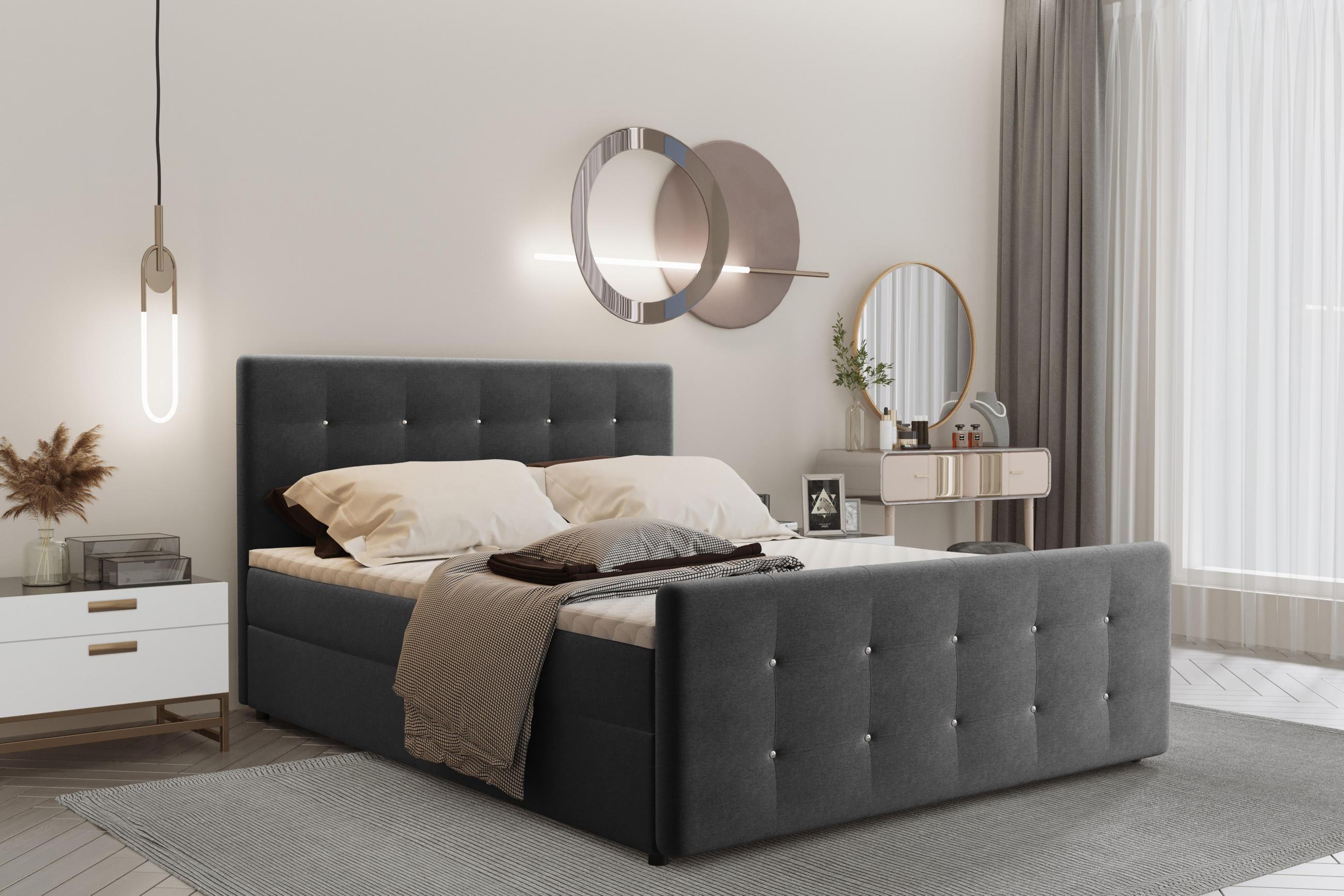 BOXBETT Mit Bettkasten Matratze Topper AMOR Graphit 200x200 cm H3-Bonell - Graphitfarben, Holz/Textil (200/200cm) - Kaiser Möbel